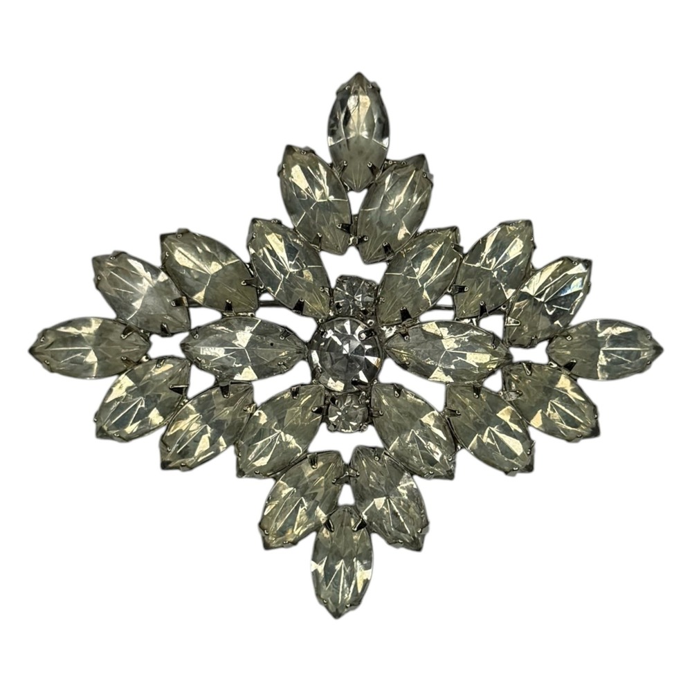 Vintage Brooch Rhinestone Clear Marquise Starburst Silver Tone